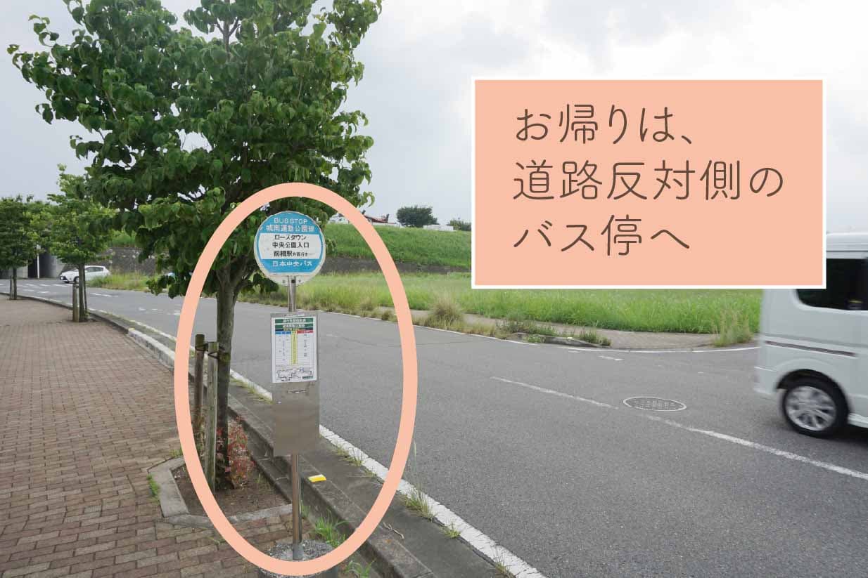お帰りは、道路反対側のバス停へ